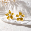 Pearl Centered Layered Metal Flower Stud Earrings in Five Colors view 3