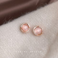 Rose Gold Pink Cat Eye Round Stud Clear CZ Halo Earrings view 4