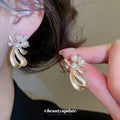Gold Pearl Bow Ribbon Necklace Matching Stud Earrings view 4