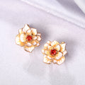 Gold Cream Enamel Flower Orange Center Stud Earrings view 3