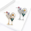 Two Cocktail Glass Brooch With Crystal Daisy in Gold or Silver Tone view 3