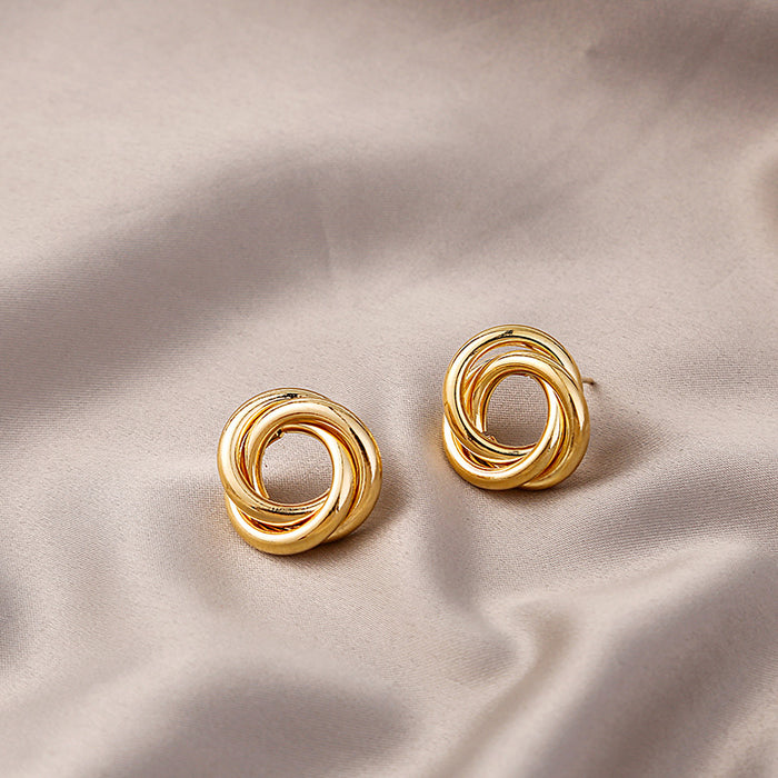 Gold Intertwined Triple Wire Knot Round Stud Earrings