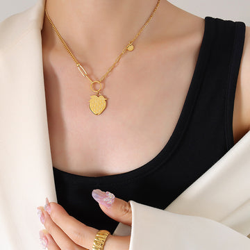 Gold Strawberry Pendant Necklace Mixed Chain Circle Link