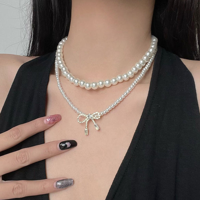 Double Strand Pearl Bow Drop Necklace Pendant Jewelry
