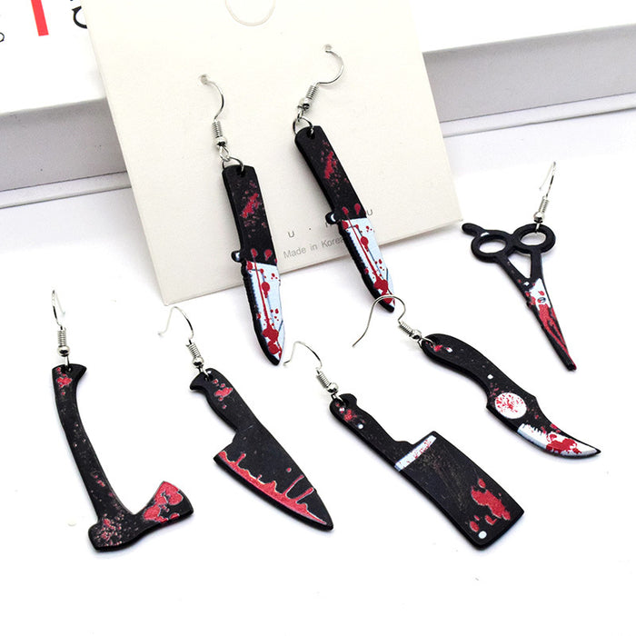 Silver Tone Bloody Weapon Printed Acrylic Hook Earrings