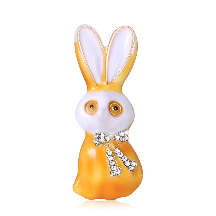 Long Ear Rabbit Enamel Brooch With Crystal Bow in Two Colors