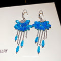 Blue Crystal Petal and Chain Fringe Hook Earrings with Polished Details view 4