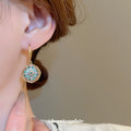 Blue Green Enamel Flower Medallion Gold Tone Hook Earrings view 3