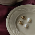 Gold Tone Ribbed Oval Stud Baroque Pearl Drop Earrings view 4