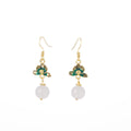 Green Flower and White Round Bead Gold Tone Hook Earrings view 5
