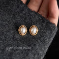 Gold Oval Pearl Frame Micro Crystal Stud Earrings Pair view 1