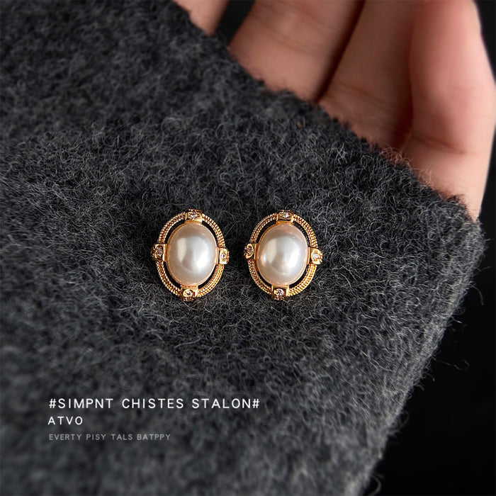 Gold Oval Pearl Frame Micro Crystal Stud Earrings Pair