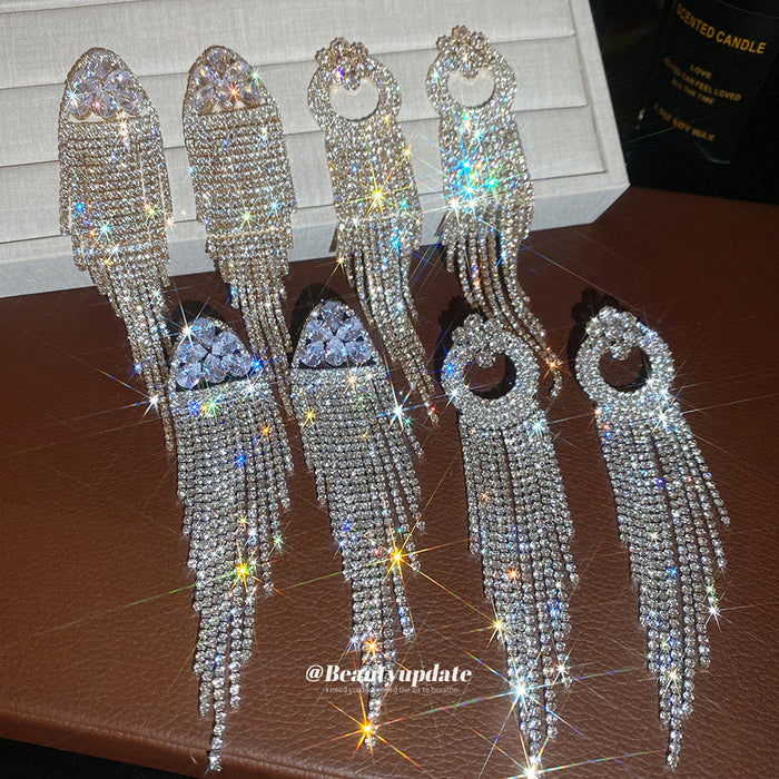 Rhinestone Circle Fringe Earrings in Four Long Designs