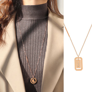 Rose Gold Steel LUCK Long Sweater Necklace Heart Rectangle