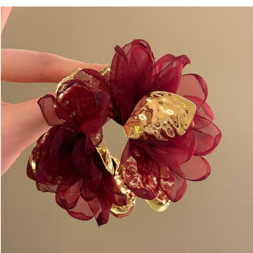 Burgundy And Blush Chiffon Flower Statement Stud Earrings