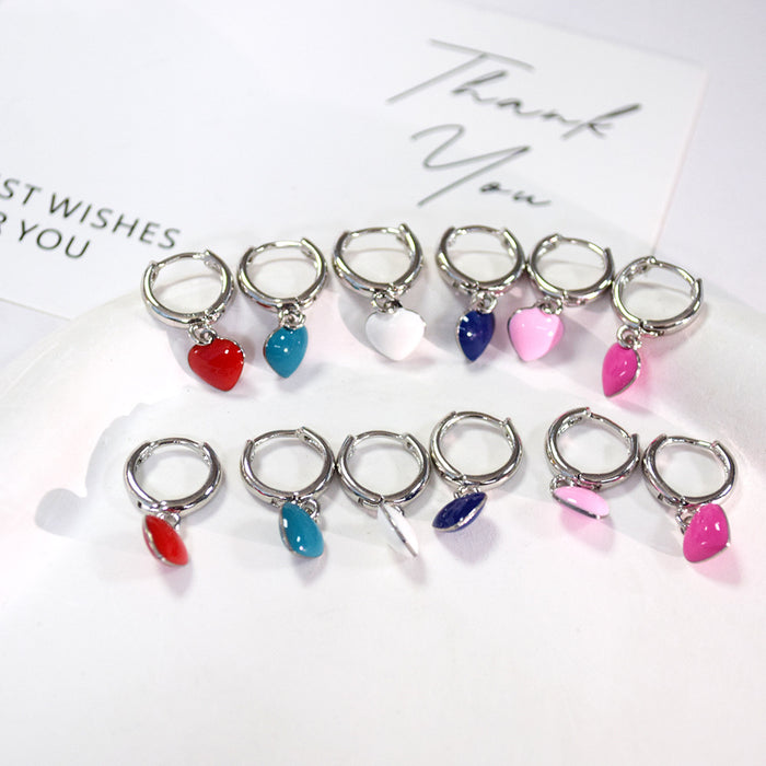 Silver Tone Hoop Enamel Heart Drop Earrings 6 Colors