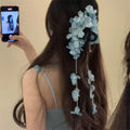 Red Or Blue Fabric Flower Hair Claw With Long Petal Chain Tassels view 2