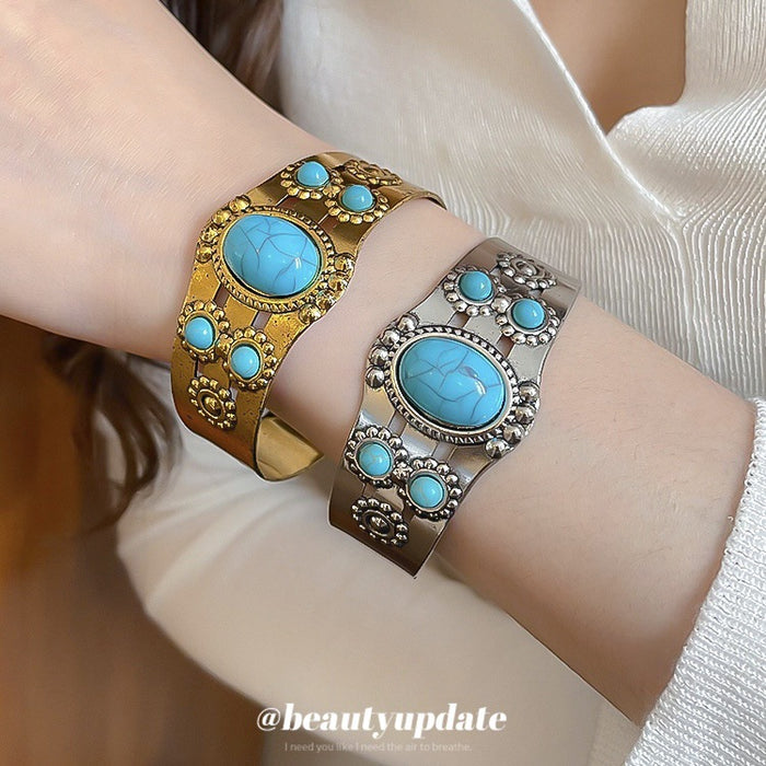 Vintage Turquoise Open Cuff Bangle Silver Gold Tone Metal