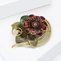 Textured Red Black Flower Brooch With Antique Gold Leaves view 3