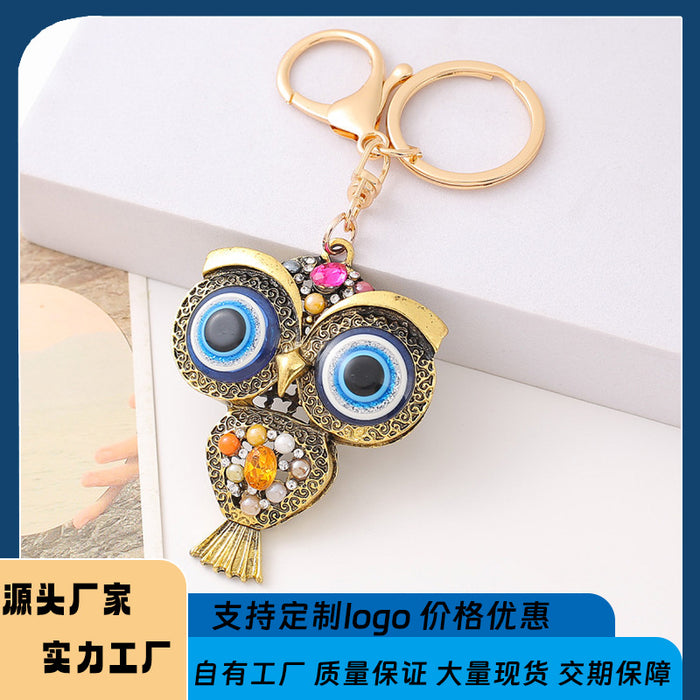 Antique Bronze Owl Keychain Rhinestone Blue Eye Charm