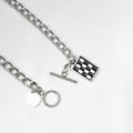 Silver Curb Chain Checkered Square Pendant Toggle Necklace view 4