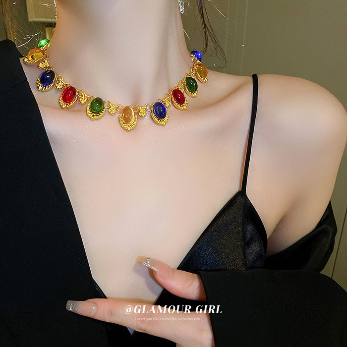 Gold Multicolor Oval Cabochon Choker Necklace Two Styles