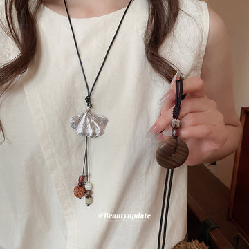 Braided Cord Wood Bi Disc Pendant Necklace Three Wood Tones
