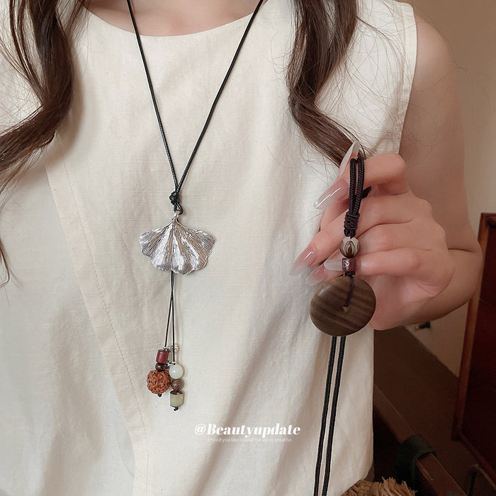 Braided Cord Wood Bi Disc Pendant Necklace Three Wood Tones