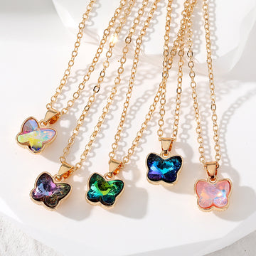 Gold Tone Crystal Butterfly Pendant Necklaces in Five Colors