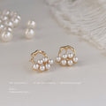 Gold Tone Irregular Round Frame And White Pearl Cluster Stud Earrings view 2
