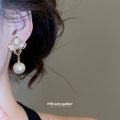 Clear Crystal Flower and Gray Pearl Drop Stud Earrings view 4