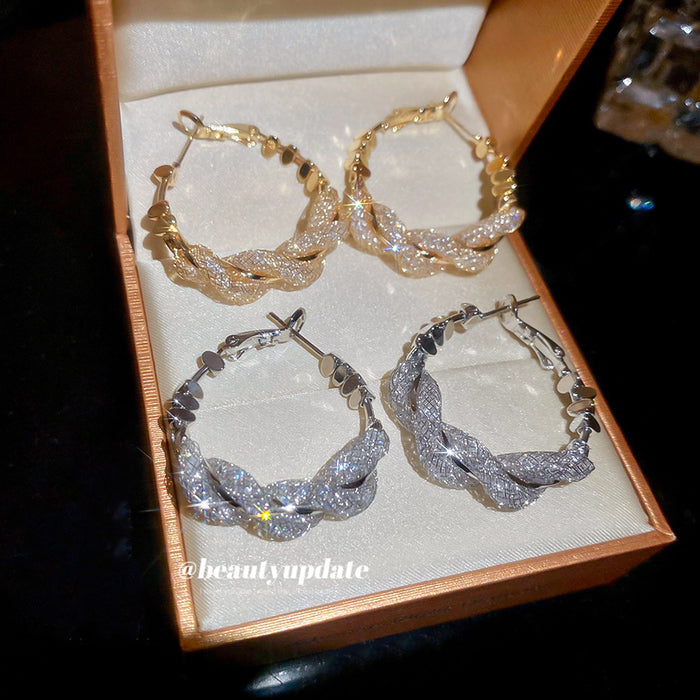 Gold Tone Braided Texture Hoop Stud Earrings Fashion Jewelry