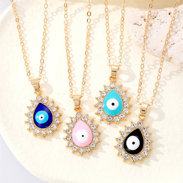 Gold Tone Crystal Halo Teardrop Evil Eye Pendant Necklaces in Four Colors