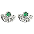 Silver Mini Fan Stud Earrings Green Crystal Textured view 5