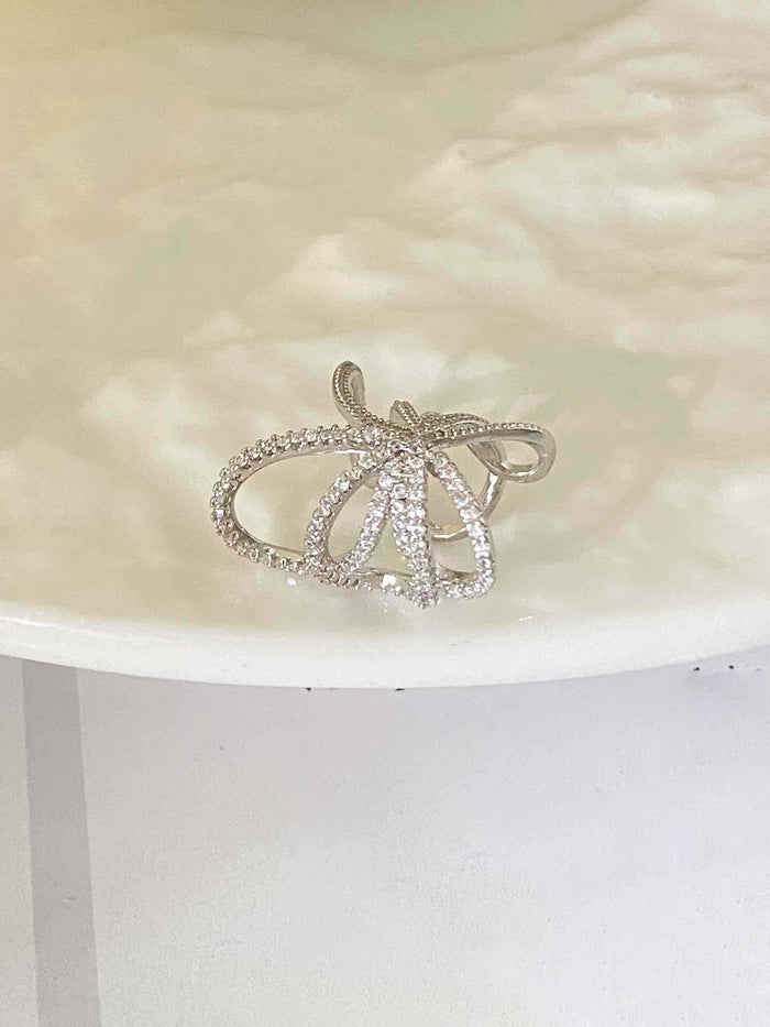 Silver Tone Open Leaf Crystal Ear Cuff for One Ear