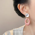 Pink Geometric Oval Drop Earrings White Sphere Stud Tops view 2