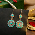 Turquoise and Navy Floral Round Medallion Hook Earrings view 3