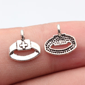 Antique Silver-Tone Nurse Cap Charm with Cross, 11 mm Pendant