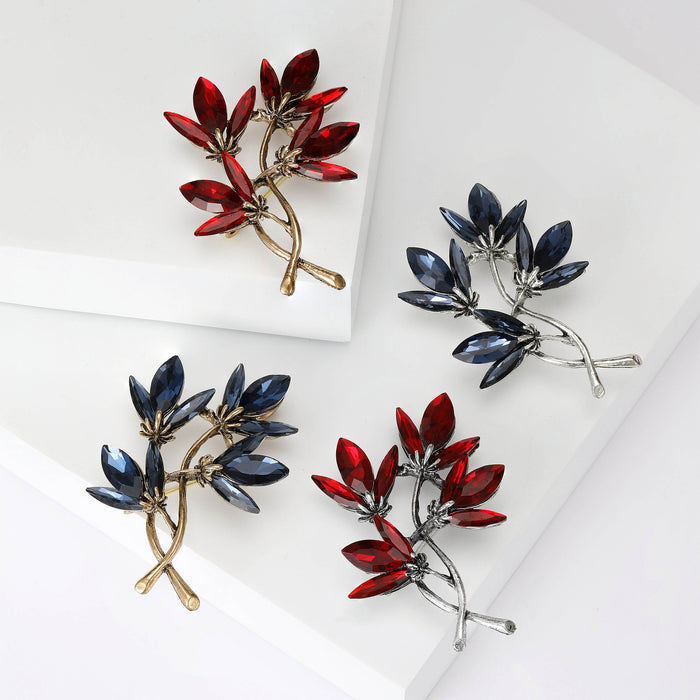 Crystal Leaf Branch Brooch in Four Blue and Red Finishes