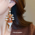 Orange Enamel Goldfish Pearl Drop Hook Earrings With Decorative Metal Accents view 3