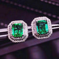 Green Emerald-Cut Double Halo Stud Earrings with Clear Stone Details view 2