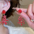 Red Crystal Chinese Character Drop Stud Earrings with Metal Tone Details view 2