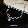 Silver Rhinestone Bow Link Pearl Drop Choker Single Style view 2