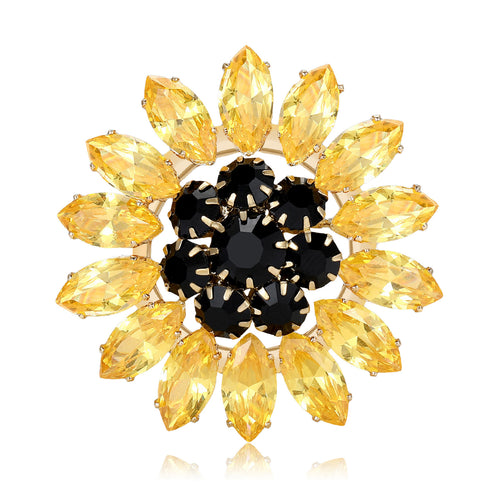 Front view of the yellow crystal sunflower brooch and its color options