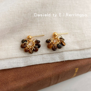 Gold Ball Stud Tiger Eye Disc Cluster Drop Earrings