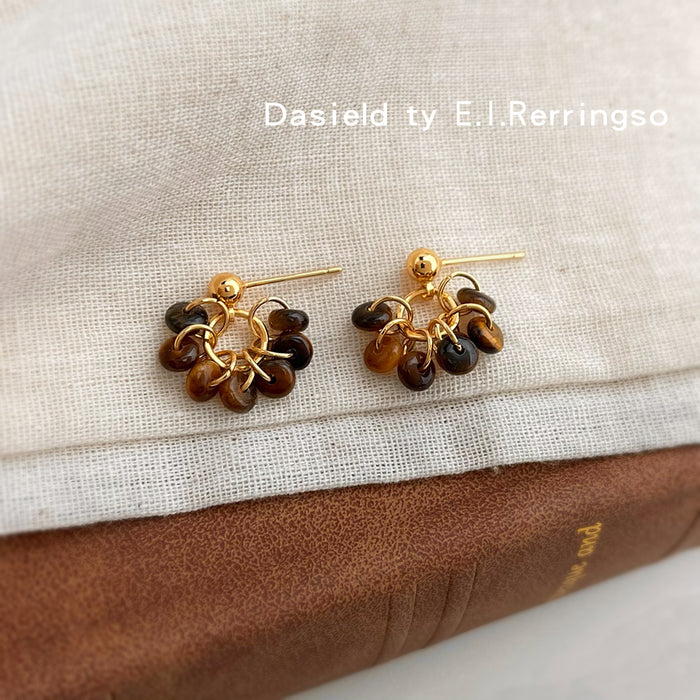 Gold Ball Stud Tiger Eye Disc Cluster Drop Earrings