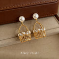 Gold Tone Pearl Like Flower Basket Drop Stud Earrings For Women view 3