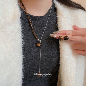 Stainless Tiger Eye Chip Bead Pendant Necklace Earring Set