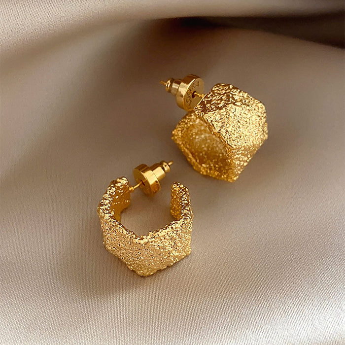 Textured Gold Tone C Hoop Stud Earrings with Folded Shape