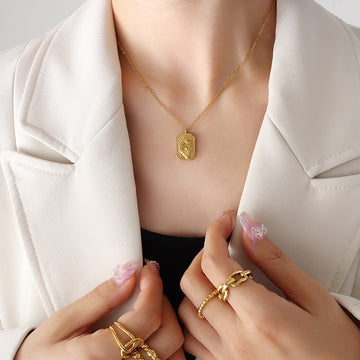 Rectangular Hand Crescent Moon Relief Pendant Necklace